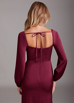 Azazie Charissa Bridesmaid Dresses Burgundy Sheath Long Sleeve Stretch Satin Dress image2