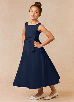 Azazie Lindy Flower Girl Dresses Dark Navy A-Line Pleated Matte Satin Dress image1