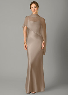 Azazie Jaleesa Robes de demoiselle d'honneur Robe Fourreau en Satin extensible Col haut Taupe image1