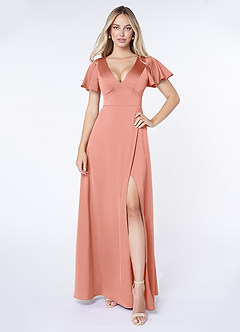 Azazie Lani Bridesmaid Dresses Coral A-Line Flounce Sleeve Stretch Satin Dress image1