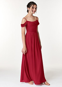 Azazie Alivia Junior Scarlet A-Line Off the Shoulder Chiffon Dress image3