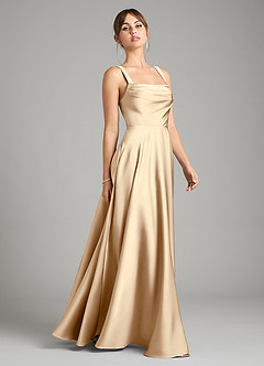 Azazie Shaude Bridesmaid Dresses Champagne A-Line Pleated Stretch Satin Dress image7