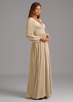 Azazie Norah Bridesmaid Dresses Champagne A-Line Long Sleeve Velvet Dress image4