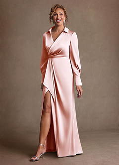 Azazie Jacinta Mère de la mariée Robes Robe Fourreau en Satin extensible Plissée Rose Pâle image2