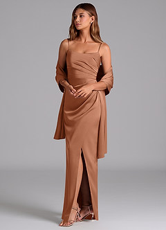 Azazie Calandra Bridesmaid Dresses Bronzer A-Line Pleated Stretch Satin Dress image5