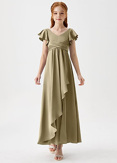 Azazie Omari Junior Moss Green A-Line Pleated Stretch Satin Dress image5