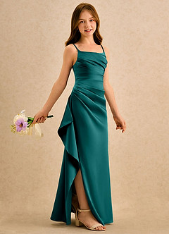 Azazie Cannoli Girls Formal Abiti da Ragazza di Fiori Abito A-Line in Raso Elasticizzato Plissettato Verde Pavone image1