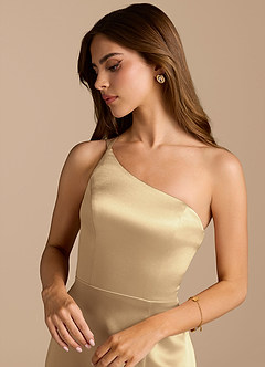 Azazie Trina Jurken voor bruidsmeisjes Jurk van Metaalachtig Satijn met A-Lijn One-Shoulder Champagne image8