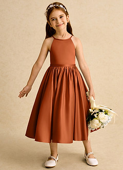 Azazie Indi Robe Demoiselle D'honneur Fillette Robe Trapèze en Mat Satiné Arc Orange Brûlée image2