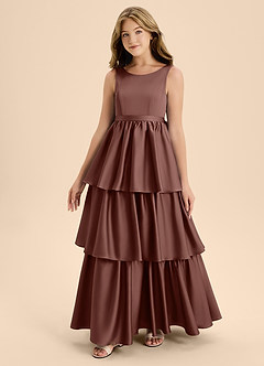 Azazie Meadowyn Junior Espresso A-Line Bow Stretch Satin Dress image4