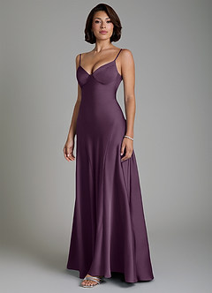 Azazie Tierra Bridesmaid Dresses Plum A-Line Corset Stretch Satin Dress image5