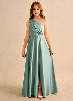 Azazie Puddles Girls Formal Robe Demoiselle D'honneur Fillette Robe Trapèze en Mat Satiné Asymétrique Sauge D'argent image4
