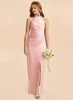 Azazie Jemma Junior Powder Pink Sheath Ruched Stretch Satin Dress image3