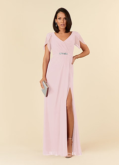 Azazie Marianne Mother of the Bride Dresses Blushing Pink Sheath V-Neck Pleated Chiffon Dress image1