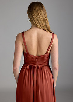 Azazie Chanel Bridesmaid Dresses Terracotta A-Line Pleated Stretch Satin Dress image4