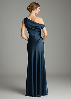 Azazie Emerson Bridesmaid Dresses Dark Navy Mermaid Off the Shoulder Stretch Satin Dress image2