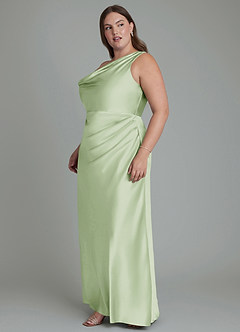 Azazie Emerson Vestidos de damas de honor Vestido Salvia Polvorienta de Satén Metálico de Corte Sirena con Hombros descubiertos image3