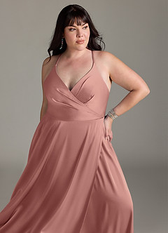 Azazie Davis Bridesmaid Dresses Rosette A-Line Pleated Stretch Satin Dress image11