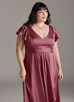 Azazie Omari Brudtärnklänningar Klänning av A-Line i Stretch Satin Desert Rose image12