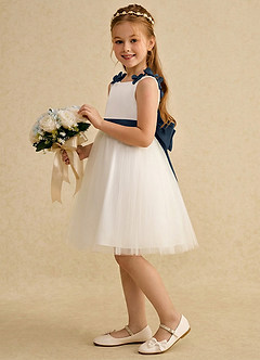 Azazie Lona Blumenmädchenkleider A-Linie Schleifen Matte Satin Kleid Elfenbein Neptun image4