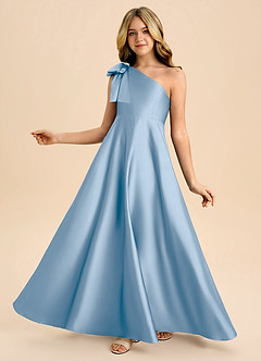 Azazie Penguin Junior Powder Blue A-Line Bow Stretch Satin Dress image1