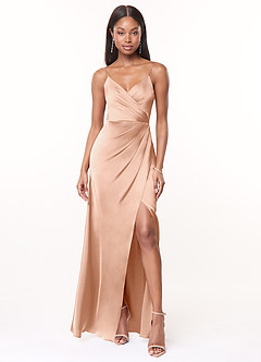 Azazie Maci Bridesmaid Dresses English Rose A-Line V-Neck Pleated Stretch Satin Dress image1
