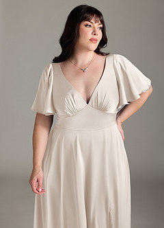 Azazie Kimber Bridesmaid Dresses White Alabaster A-Line Ruched Stretch Satin Dress image11