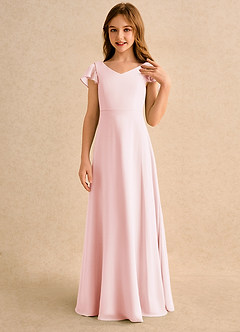 Azazie Nari Junior Formal Flower Girl Dresses Blushing Pink A-Line with Sleeves Chiffon Dress image5