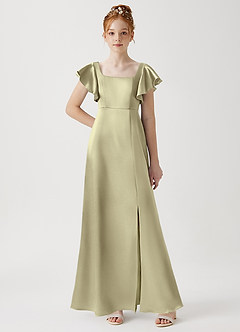 Azazie Bondi Junior Moss Green A-Line Side Slit Metallic Satin Dress image1