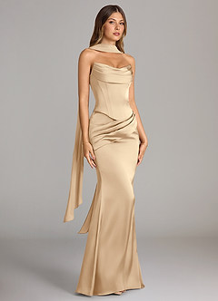 Azazie Sorrel Bridesmaid Dresses Champagne Mermaid Strapless Stretch Satin Convertible Dress image3