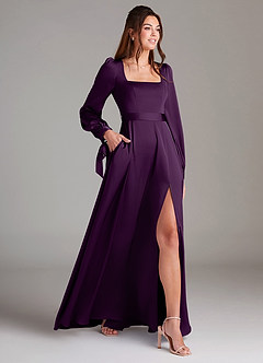 Azazie Leonia Brautjungfernkleider A-Linie Langarm Stretch-Satin Kleid Traube image4