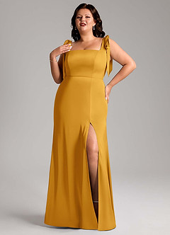 Azazie Frostine Bridesmaid Dresses Butterscotch A-Line Bow Stretch Satin Dress image7