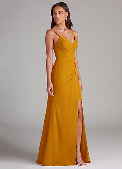 Azazie Maci Bridesmaid Dresses Butterscotch Sheath Pleated Chiffon Dress image4