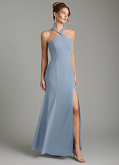 Azazie Rue Bridesmaid Dresses Dusty Blue A-Line Halter Chiffon Dress image1