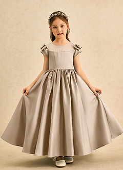 Azazie Toffee Abiti da Ragazza di Fiori Abito Stile Principessa in Raso Opaco Fiocco Taupe image2