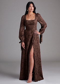 Azazie Leonia Bridesmaid Dresses Ganache A-Line Long Sleeve Floral Burnout Dress image1