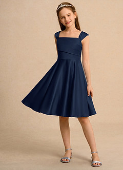 Azazie Budle Flower Girl Dresses Dark Navy A-Line Pleated Matte Satin Dress image3