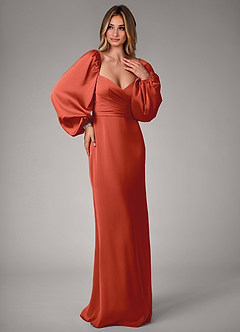Azazie Sonata Bridesmaid Dresses Rust Sheath Long Sleeve Stretch Satin Convertible Dress image4