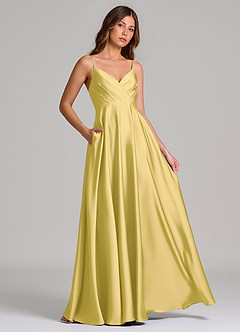 Azazie Amani Bridesmaid Dresses Canary A-Line Pleated Stretch Satin Dress image4