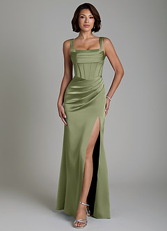 Azazie Amora Bridesmaid Dresses Garden Sage Mermaid Corset Stretch Satin Dress image1