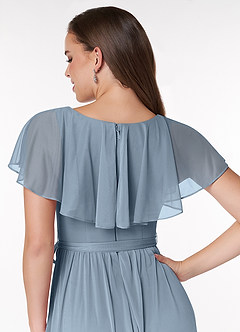 Azazie Jael Robes de demoiselle d'honneur Robe Trapèze en Maille Col en V Bleu Poussiéreux image6