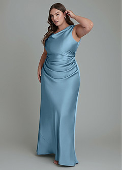 Azazie Kieryn Bridesmaid Dresses Steel Blue Mermaid Pleated Stretch Satin Dress image9