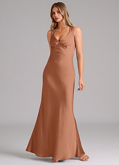 Azazie Kamila Bridesmaid Dresses Bronzer A-Line Pleated Stretch Satin Dress image3