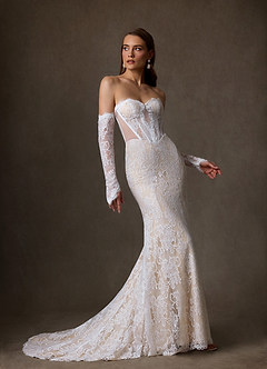 Azazie Issa Wedding Dresses Diamond White Champagne Sheath Strapless Lace Dress image1