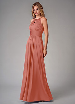 Azazie Bonnie Bridesmaid Dresses Salmon Pink A-Line Pleated Stretch Satin Dress image3