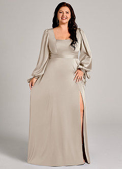 Azazie Leonia Vestidos de damas de honor Vestido de Escarcha de Satén Elástico de Corte en A con Manga larga image11