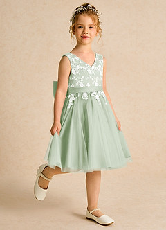 Azazie Butterfly Flower Girl Dresses Dusty Sage A-Line Lace Dress image3