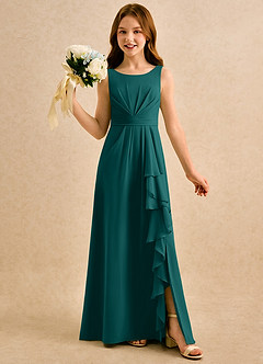 Azazie Chibi Girls Formal Abiti da Ragazza di Fiori Abito A-Line in Chiffon Plissettato Verde Pavone image1