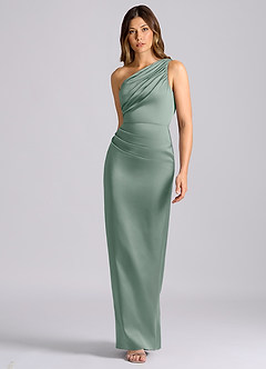 Azazie Akilah Bridesmaid Dresses Silver Sage Mermaid One Shoulder Stretch Satin Dress image4