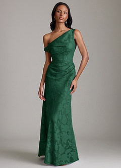 Azazie Emerson Vestidos de madrinha de casamento Vestido Verde Escuro de Esgotamento Floral de sereia com Fora do ombro image1